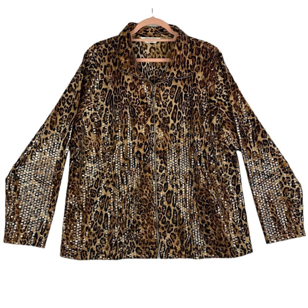 Misook Leopard Zip up Jacket Brown Animal Print Sequin